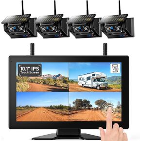 4 Magnetic Solar Wireless Backup Camera HD1080P DVR 10.1" Touchscreen Monitor, Quad RV Rearview Backup Cameras Wireless System for RV Trailer Tractor, Built-in 9600mAh Solar Battery, BL104