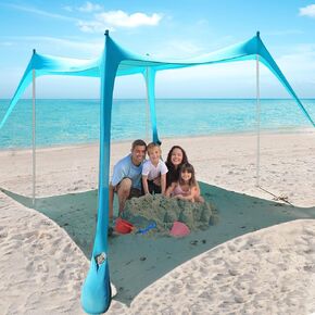 Beach Tent - Beach Shade UPF 50+ UV Protection, 9.8 x 9.8 FT, Anti-Wind with 4 Poles, 4 Windproof Ropes, 1 Portable Bag, Sun Shelter Perfect for Picnics