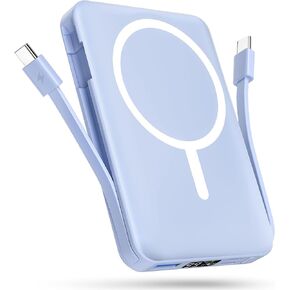 podoru for Magnetic Battery Pack, 10000mAh Battery Pack Built-in Double USB C Cables 22.5W PD Fast Charging LED Display Magnetic Portable Charger for iPhone 16/15/14/13/12 Series-Sierra Blue