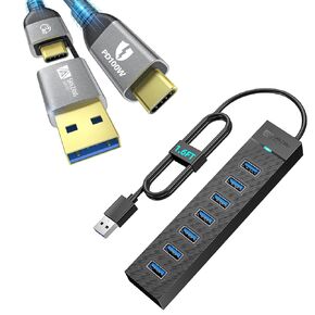 7 Ports USB Hub 3.0, SAN Zang USB 3.0 Hub, 5Gbps HighSpeed Data USB Extender for Laptop with Thunderbolt 4 Cable 40Gbps 2 in 1 USB C Cable