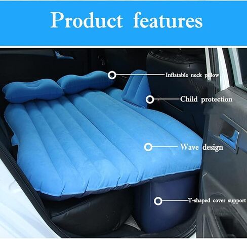 Multifunctional Car Travel Bed Mattress with Two Air Pillows, Car Air Pump and Repair kit for All Cars Full Blue in Saudi Arabia
