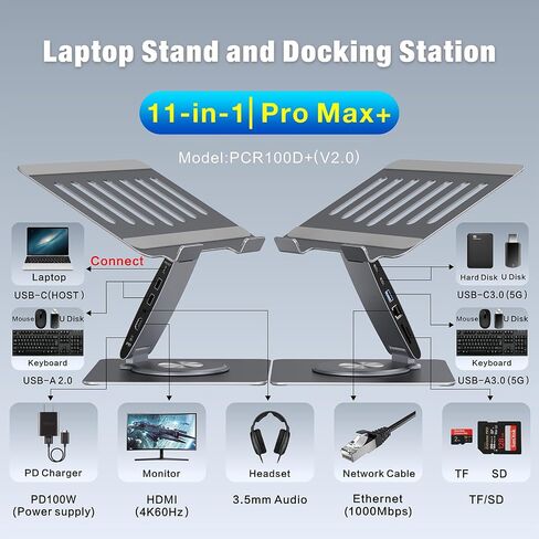 Adjustable Laptop Stand for Desk with Docking Station 11-in-1, Aluminum Laptop Riser with USB Hub 360°Swivel Dual Display 4K60Hz HDMI Gigabit Ethernet USB3.0 PD100W for MacBook Pro Air/Dell/HP 7-15.6" in Kuwait