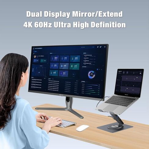 Adjustable Laptop Stand for Desk with Docking Station 11-in-1, Aluminum Laptop Riser with USB Hub 360°Swivel Dual Display 4K60Hz HDMI Gigabit Ethernet USB3.0 PD100W for MacBook Pro Air/Dell/HP 7-15.6" in Kuwait
