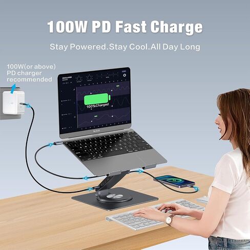 Adjustable Laptop Stand for Desk with Docking Station 11-in-1, Aluminum Laptop Riser with USB Hub 360°Swivel Dual Display 4K60Hz HDMI Gigabit Ethernet USB3.0 PD100W for MacBook Pro Air/Dell/HP 7-15.6" in Kuwait