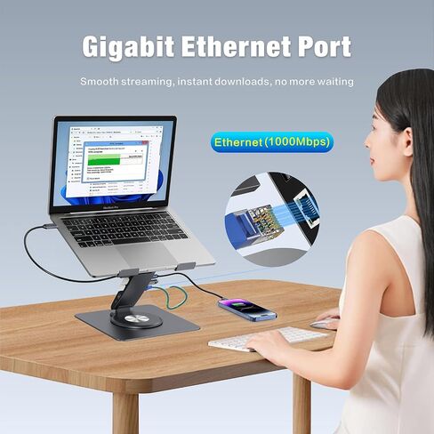 Adjustable Laptop Stand for Desk with Docking Station 11-in-1, Aluminum Laptop Riser with USB Hub 360°Swivel Dual Display 4K60Hz HDMI Gigabit Ethernet USB3.0 PD100W for MacBook Pro Air/Dell/HP 7-15.6" in Kuwait