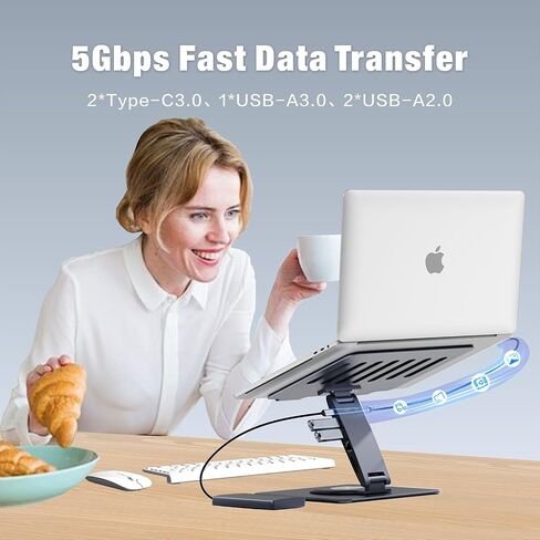 Adjustable Laptop Stand for Desk with Docking Station 11-in-1, Aluminum Laptop Riser with USB Hub 360°Swivel Dual Display 4K60Hz HDMI Gigabit Ethernet USB3.0 PD100W for MacBook Pro Air/Dell/HP 7-15.6" in Kuwait