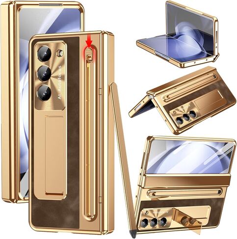 بالنسبة إلى Samsung Galaxy Z Fold 6 CASE مع حامل القلم S & Slim Stylus ، حالة هاتف جلدية PO6 مع Kickstand مدمجة في واقي كاميرا واقي واقي من أجل Z Fold6 Gold+Coffee in Kuwait