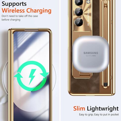 بالنسبة إلى Samsung Galaxy Z Fold 6 CASE مع حامل القلم S & Slim Stylus ، حالة هاتف جلدية PO6 مع Kickstand مدمجة في واقي كاميرا واقي واقي من أجل Z Fold6 Gold+Coffee in Kuwait