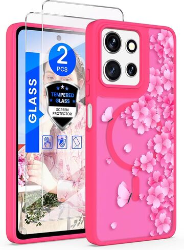 for Motorola Moto G Power 5G 2025 Floral Phone Case with 2X Screen Protector, Military Grade Magnetic Translucent Matte Girls Women Flower Pattern Protective Cover (Purple) in Saudi Arabia
