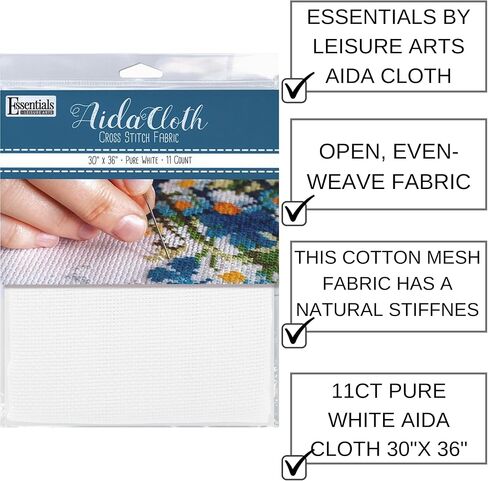 Essentials By Leisure Arts Aida Cloth, 11 Count, 30" x 36", Pure White Cross Stitch Fabric for Embroidery, Cross Stitch, Machine Embroidery and Needlepoint in Kuwait
