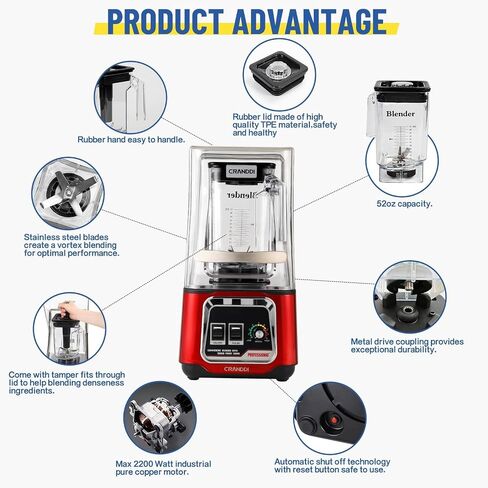 CRANDDI Commercial Blender, 2200W Countertop Blenders with Removable Shield, Quiet Smoothie Blender for Shakes and Ice Crushing, 52oz, 38000 RPM Professional Blenders for Kitchen, K80 (Red) in Saudi Arabia
