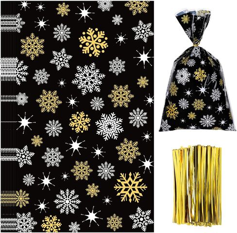 Whaline 100 Pcs Christmas Cellophane Bags with 100 Gold Twist Ties, Xmas Clear Candy Cookie Treat Bags for Christmas Party Supplies (Snowflake) in Saudi Arabia