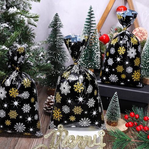 Whaline 100 Pcs Christmas Cellophane Bags with 100 Gold Twist Ties, Xmas Clear Candy Cookie Treat Bags for Christmas Party Supplies (Snowflake) in Saudi Arabia