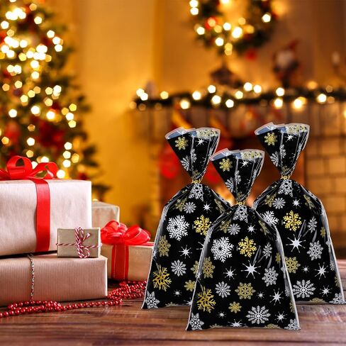 Whaline 100 Pcs Christmas Cellophane Bags with 100 Gold Twist Ties, Xmas Clear Candy Cookie Treat Bags for Christmas Party Supplies (Snowflake) in Saudi Arabia