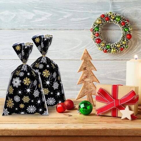 Whaline 100 Pcs Christmas Cellophane Bags with 100 Gold Twist Ties, Xmas Clear Candy Cookie Treat Bags for Christmas Party Supplies (Snowflake) in Saudi Arabia