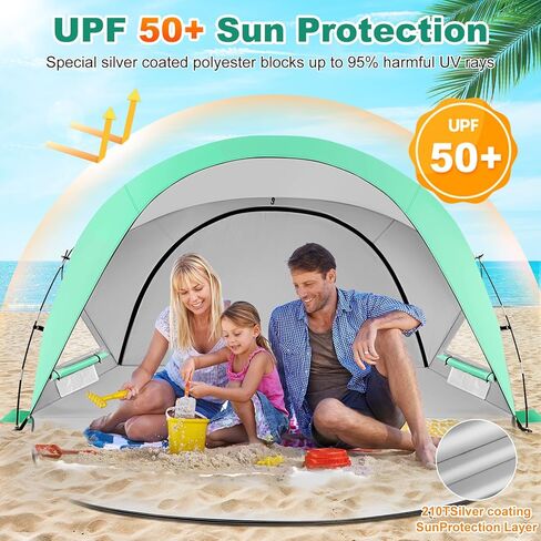 Beach Tent Easy Set Up Sun Shelter for 2-3 Person Instant Family Beach Shade Canopy with 2 Doors Waterproof & Sunproof，Lightweight & Portable(GN in Saudi Arabia