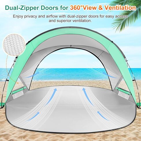 Beach Tent Easy Set Up Sun Shelter for 2-3 Person Instant Family Beach Shade Canopy with 2 Doors Waterproof & Sunproof，Lightweight & Portable(GN in Saudi Arabia