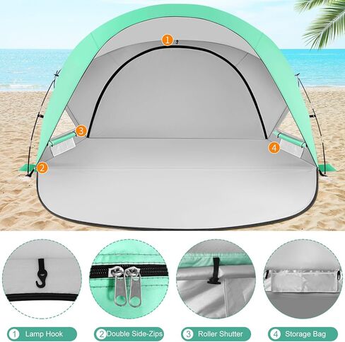 Beach Tent Easy Set Up Sun Shelter for 2-3 Person Instant Family Beach Shade Canopy with 2 Doors Waterproof & Sunproof，Lightweight & Portable(GN in Saudi Arabia