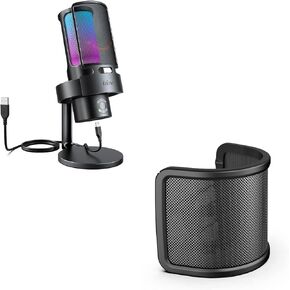 FIFINE USB Gaming RGB Microphone with Mic Pop Filter Bundle, PC Streaming Microphone with 4 Polar Patterns, Mute, Pop Windscreen for Noise Reduction for Clear Recording, Podcast, Vocal (A8Plus+U1)