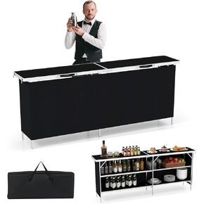 Giantex Portable Bar Table للأحداث ، ومحطة قابلة للطي للهواتف المحمولة مع أرفف التخزين ، وتنورة الخصوصية القابلة للإزالة ، وحالة حمل ، للحفلات ، تقديم الطعام ، المعارض التجارية (الأسود ، 43.5'l x 34.5'h)