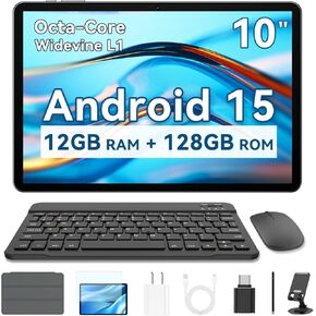 10 بوصة Android Tablet ، 2025 Android 15 Tablet للبالغين ، ذاكرة الوصول العشوائي 12 جيجابايت 128 جيجابايت تخزين 1 تيرابايت قابلة للتوسيع ، أوكتا كوور 6000 مللي أمبير في الساعة ، وتشمل حالة حماية الماوس لوحة المفاتيح ، والكاميرات المزدوجة 8 ميجابت 2 ميجا ب