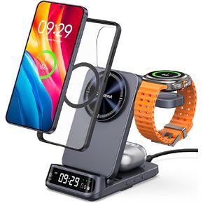 Magnetic Wireless Charging Station for Samsung, 3-in-1 Foldable Fast Charger for Galaxy S25/S24/S23/Note 20/Z Fold & Flip 6/5, Galaxy Watch 7/6/5 Pro/Ultra & Buds Pro/Live, SwanScout 708SM