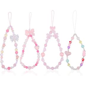 4pcs Pink Phone Charm, 4 Styles Gleaming Bow Knot Beaded Phone Case Charm Cute Pearl Wrist Strap Camera Handset Keychain Decor Accessories for Women