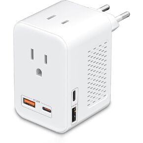 220V to 110V Voltage Conversion Plug Adapter for Traveling from USA to Europe with 2 USB and 2 USBC Ports PD 20 W, 2 AC Outlets International Power Adapter