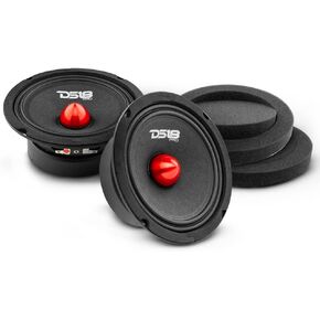 DS18 Pair 6.5" Speakers With Foam Rings, Midrange, Red Aluminum Bullet, 480W Max, 4 Ohm Quality Audio Door for Car or Truck Stereo Sound System (2 Speakers and Fast Rings)