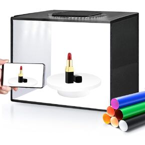 Glendan Photo Light Box Photography: 14"x10" Portable Photo Box with 112 LED Dimmable Lights - Folding Small Photo Booth Studio Box with 12 Color Backdrops for Jewelry Small Items Product Photography
