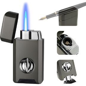 Torch Lighter, Built-in Cutter, Holder Function, All-in-One Jet Flame Butane Refillable Lighter, Gifts for Men, Adjustable Flame, Windproof Multifunctional Lighter(Without Gas)