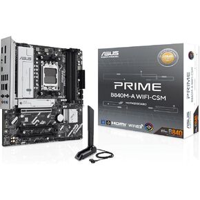 ASUS Prime B840M-A WiFi-CSM AMD AM5 B840 mATX Motherboard, Advanced AI Ready, DDR5, PCIe 4.0 Ready, 3xM.2 Slots, Wi-Fi 6E, 2.5Gb LAN, DisplayPort, HDMI, USB 5Gbps Type-C, BIOS Flashback, Aura Sync