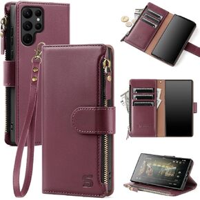 for Samsung Galaxy S22 Ultra 5G Wallet Case with Card Holder,Women Men RFID Blocking PU Leather Flip Cover Wrist Strap Zipper Credit Card Slots,Phone Case for Galaxy S22 Ultra 5G,Wine Red