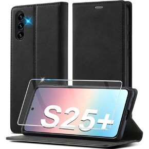 Leather Case for Galaxy S25 Plus 5G/4G [with Screen Protector] Wallet Cover, RFID Blocking Card Slot, Kickstand, Magnetic Protective Phone Case, for Samsung Galaxy S25 Plus Case Leather Black