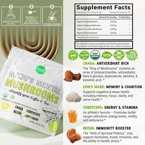كبسولات فطر ليونز ماني العضوي من ماجو، 90 قطعة، مستخلص بخار للاجسام المثمرة، فطر عضوي مع مستخلص الفلفل الاسود، هيريسيوم اريناسيوس in Kuwait