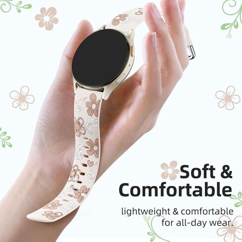 Witzon Floral Band متوافق مع Samsung Galaxy Watch 7 Band/Fe 6 5 4 40mm 44mm ، Galaxy Active 2 ، 20mm Watch Band محفورة بالزهرة اللطيفة الناعمة السيليكون الناعمة. in Kuwait