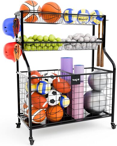 Yes4All Garage Sports Equipment Organizer, Garage Ball Storage, Rolling Ball Storage for Indoor/Outdoor Use, Steel, Black in Saudi Arabia