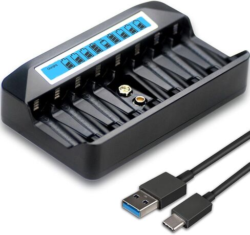 9 Independent Ports USB AA/AAA/9V Fast Charger 8PCS NiMh/NiCd AA/AA & 1PC NiMh/NiCd/Li-ion Square 9V Battery with LCD Display(1 Black Charger Only) in Saudi Arabia