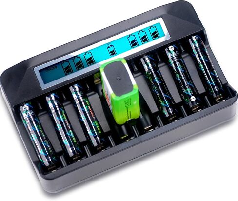 9 Independent Ports USB AA/AAA/9V Fast Charger 8PCS NiMh/NiCd AA/AA & 1PC NiMh/NiCd/Li-ion Square 9V Battery with LCD Display(1 Black Charger Only) in Saudi Arabia