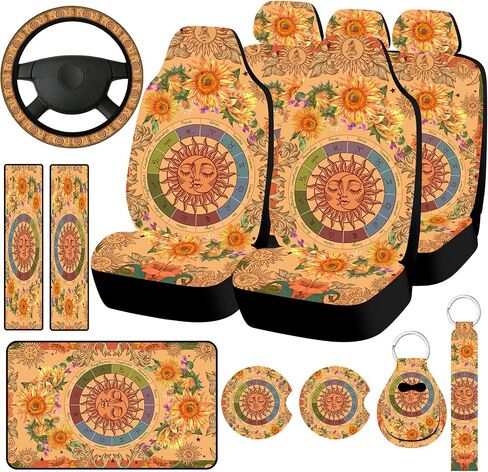Riakrum 15 Pcs Boho Hippie car seat Covers Full Set，Daisy Rear Front Seat Protector Steering Wheel Cover Seat Belt Cover Armrest Pad Cup Mat Keychain Wrist Strap,Cute Car Accessories for Women in Saudi Arabia