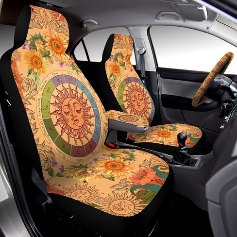 Riakrum 15 Pcs Boho Hippie car seat Covers Full Set，Daisy Rear Front Seat Protector Steering Wheel Cover Seat Belt Cover Armrest Pad Cup Mat Keychain Wrist Strap,Cute Car Accessories for Women in Saudi Arabia