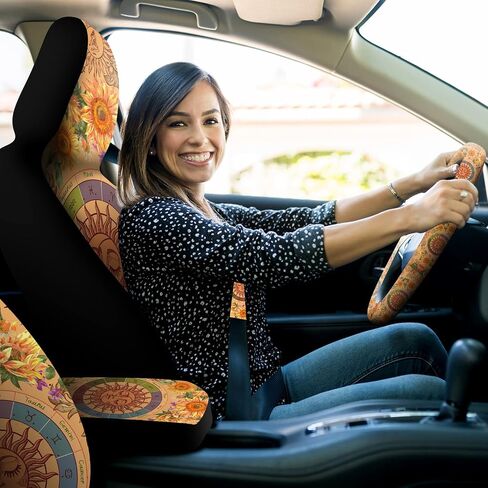 Riakrum 15 Pcs Boho Hippie car seat Covers Full Set，Daisy Rear Front Seat Protector Steering Wheel Cover Seat Belt Cover Armrest Pad Cup Mat Keychain Wrist Strap,Cute Car Accessories for Women in Saudi Arabia