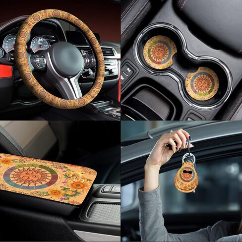 Riakrum 15 Pcs Boho Hippie car seat Covers Full Set，Daisy Rear Front Seat Protector Steering Wheel Cover Seat Belt Cover Armrest Pad Cup Mat Keychain Wrist Strap,Cute Car Accessories for Women in Saudi Arabia