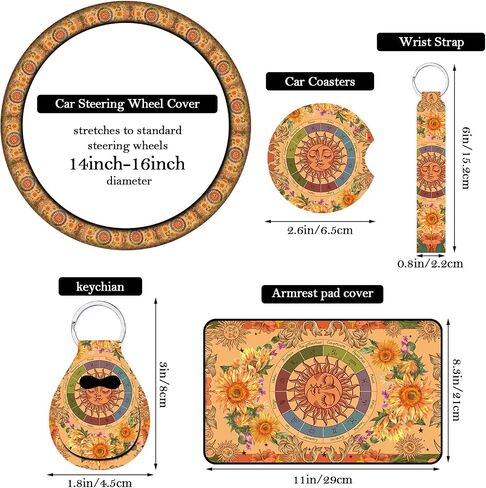 Riakrum 15 Pcs Boho Hippie car seat Covers Full Set，Daisy Rear Front Seat Protector Steering Wheel Cover Seat Belt Cover Armrest Pad Cup Mat Keychain Wrist Strap,Cute Car Accessories for Women in Saudi Arabia