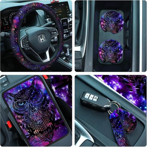 Riakrum 15 Pcs Boho Hippie car seat Covers Full Set，Daisy Rear Front Seat Protector Steering Wheel Cover Seat Belt Cover Armrest Pad Cup Mat Keychain Wrist Strap,Cute Car Accessories for Women in Saudi Arabia