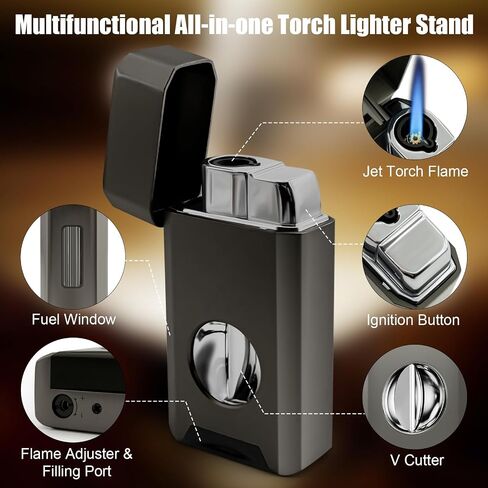 Torch Lighter, Built-in Cutter, Holder Function, All-in-One Jet Flame Butane Refillable Lighter, Gifts for Men, Adjustable Flame, Windproof Multifunctional Lighter(Without Gas) in Saudi Arabia