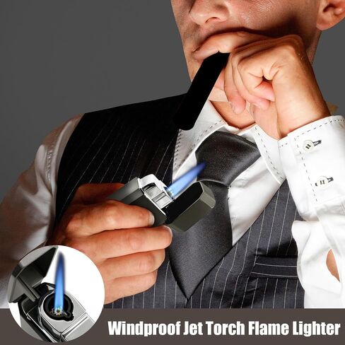 Torch Lighter, Built-in Cutter, Holder Function, All-in-One Jet Flame Butane Refillable Lighter, Gifts for Men, Adjustable Flame, Windproof Multifunctional Lighter(Without Gas) in Saudi Arabia