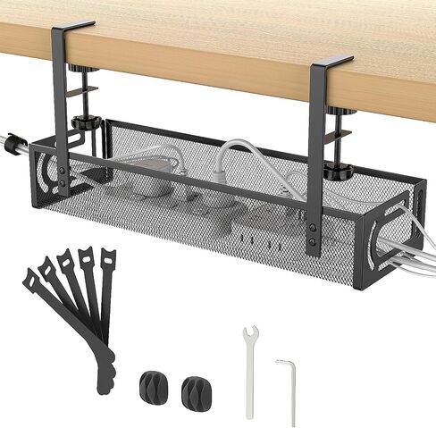 Under Desk Cable Management Tray No Drill, Metal Mesh Cable Tray with Clamp for Desk Wire Management, Cord Organizer Box for Office, Home in Saudi Arabia