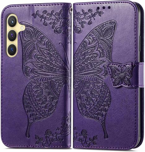 for Galaxy S25 5G Phone Case Wallet,Women Flip Folio Cover with Credit Card Holders Slots Butterfly Embossed PU Leather Kickstand Wrist Strap Purse for Samsung S25 (Purple) in Saudi Arabia