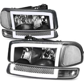 مصابيح أمامية LED DRL من Auto Dynasty مع مصابيح ممتصة للصدمات متوافقة مع GMC Sierra Yukon XL GMT800 99-07، جانب السائق والراكب، زاوية شفافة للمبيت الأسود